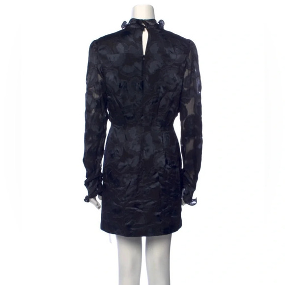 Saloni Floral Print Mini Dress Size US 4 Black Grey Ruffles Long Sleeve Silk - Picture 4 of 12